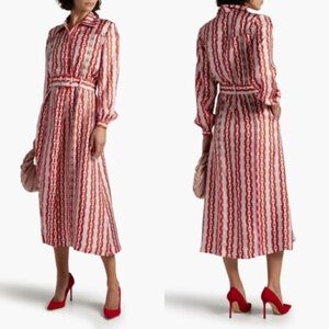 NWT Lisou Alina Silk Twill Pink Red Link Print Belted Button Front Shirt Dress